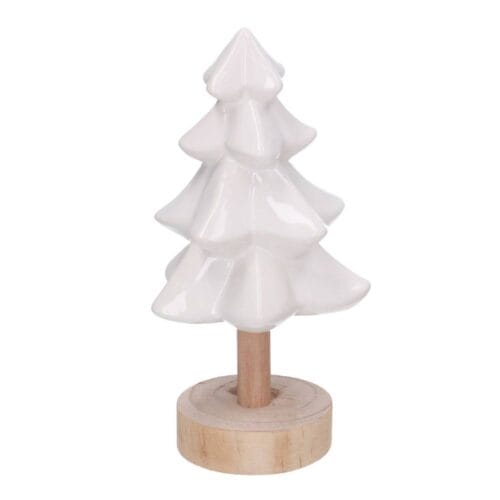 Albero decorativo natalizio in ceramica bianca con base in legno h19 cm