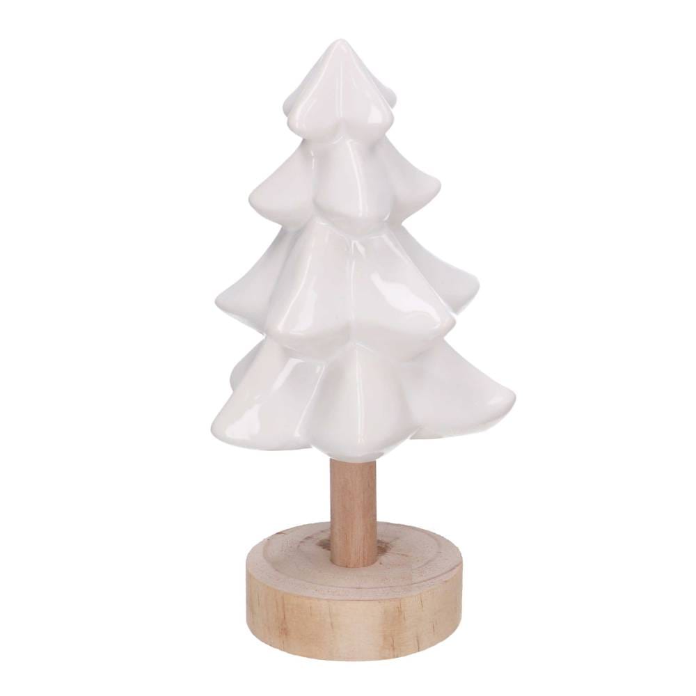 Albero ceramica bianca h19 1 Albero decorativo natalizio in ceramica bianca con base in legno h19 cm