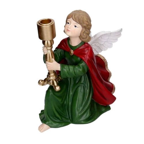 Ange de Noël agenouillé en résine verte avec chandelier doré
