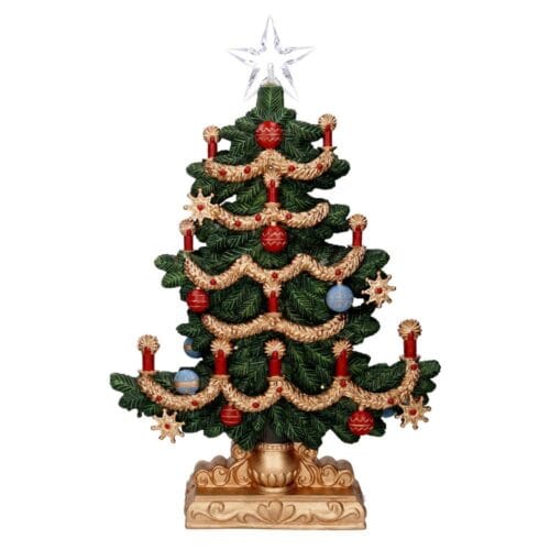 Árbol de Navidad decorativo de resina verde y dorada con LEDs