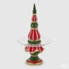 Alzatina natalizia in ceramica rosso, verde e oro con piatto in vetro trasparente intagliato, decorata in stile festivo.