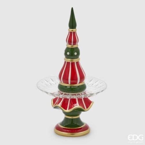 Alzatina natalizia in ceramica rosso, verde e oro con piatto in vetro trasparente intagliato, decorata in stile festivo.