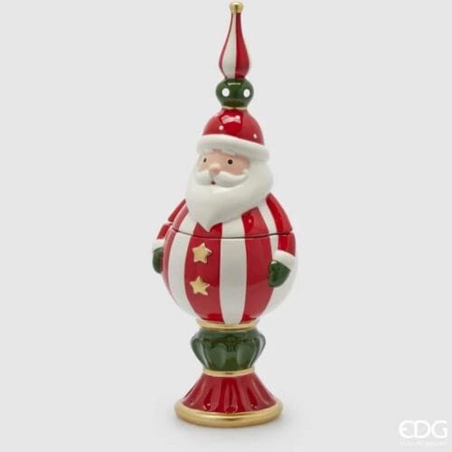 Contenitore decorativo a forma di Babbo Natale in ceramica lucida rossa, bianca e verde con dettagli dorati.