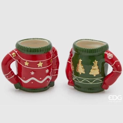 Coppia di tazze natalizie in ceramica a forma di maglione con manici, decori dorati e scatola regalo con logo EDG.