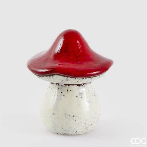 Fungo decorativo in ceramica con cappello rosso lucido e base bianca punteggiata, finitura smaltata.