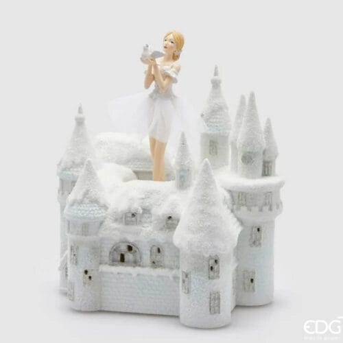 Castello decorativo bianco effetto neve con ballerina in tutù e colomba, dotato di LED e carillon con movimento.