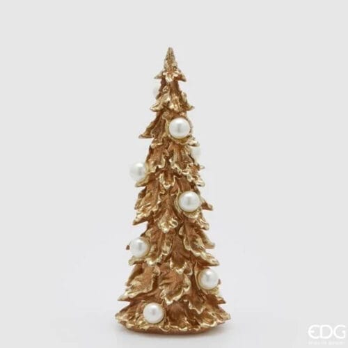 Albero decorativo dorato con foglie scolpite e perle bianche effetto madreperla.