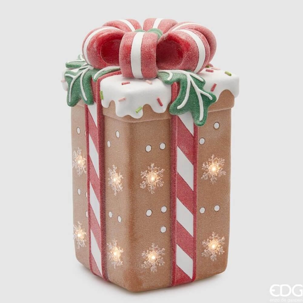 Pacco regalo marzapane con LED, fiocco decorativo e dettagli zuccherati. Perfetto per decorazioni natalizie shabby chic.