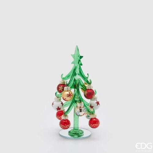 Mini albero di Natale in vetro verde con base specchiata e palline colorate rosse, bianche e oro, fornito in scatola bianca con logo EDG.