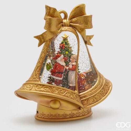 Carillon natalizio dorato a forma di doppia campana con Babbo Natale, albero, renna e figure in movimento, decorato con fiocco.