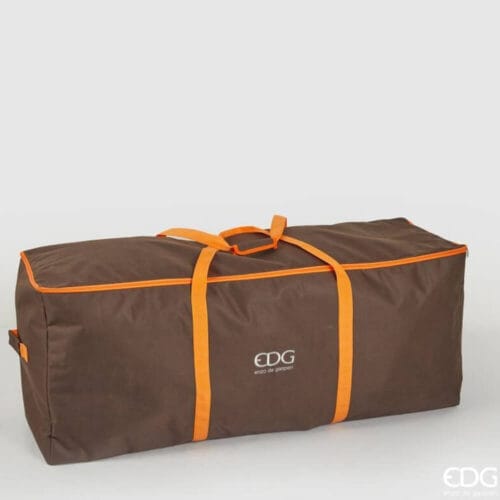 Borsone EDG marrone con manici arancioni e doppia zip, pensato per contenere alberi di Natale fino a 210 cm, con struttura robusta in tessuto.