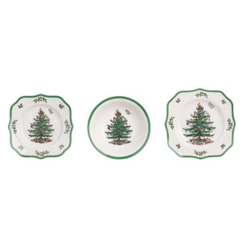 Servizio da tavola natalizio con piatti in ceramica decorati con albero di Natale e bordi verdi, collezione Abies Natalis.
