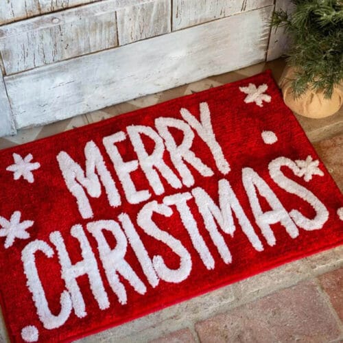 Tappeto natalizio rosso con scritta bianca Merry Christmas e stelline decorative