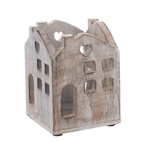 Lanterna decorativa in legno di mango a forma di casetta con finestrelle intagliate e bicchierino interno in vetro.