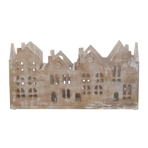Lanterna shabby chic in legno di mango con struttura intagliata a forma di case e 4 bicchieri in vetro porta tealight.