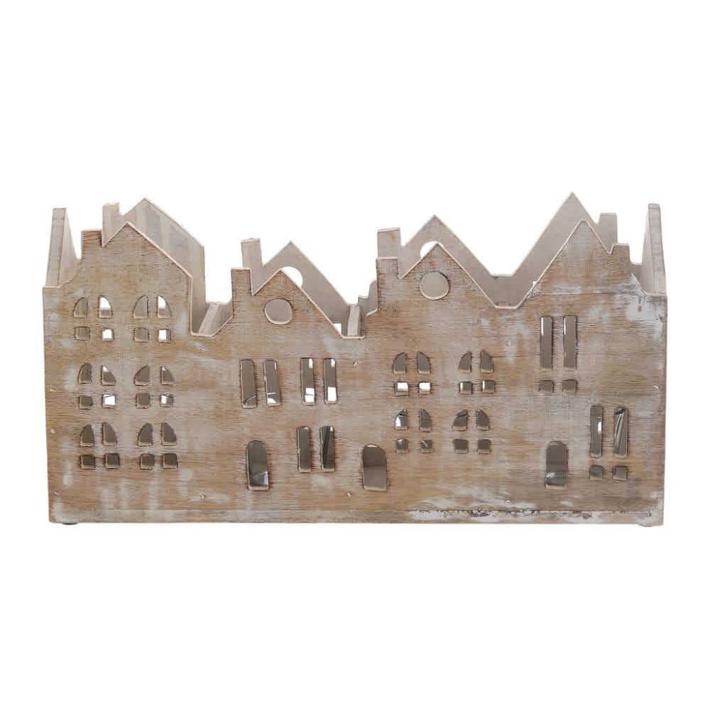 Lanterna shabby chic in legno di mango con struttura intagliata a forma di case e 4 bicchieri in vetro porta tealight.
