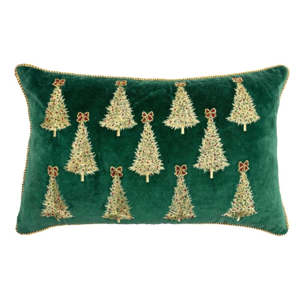 Cuscino natalizio in velluto verde con ricami dorati di alberi di Natale, decorati con perline rosse e fiocchi, rifinito con bordo dorato.