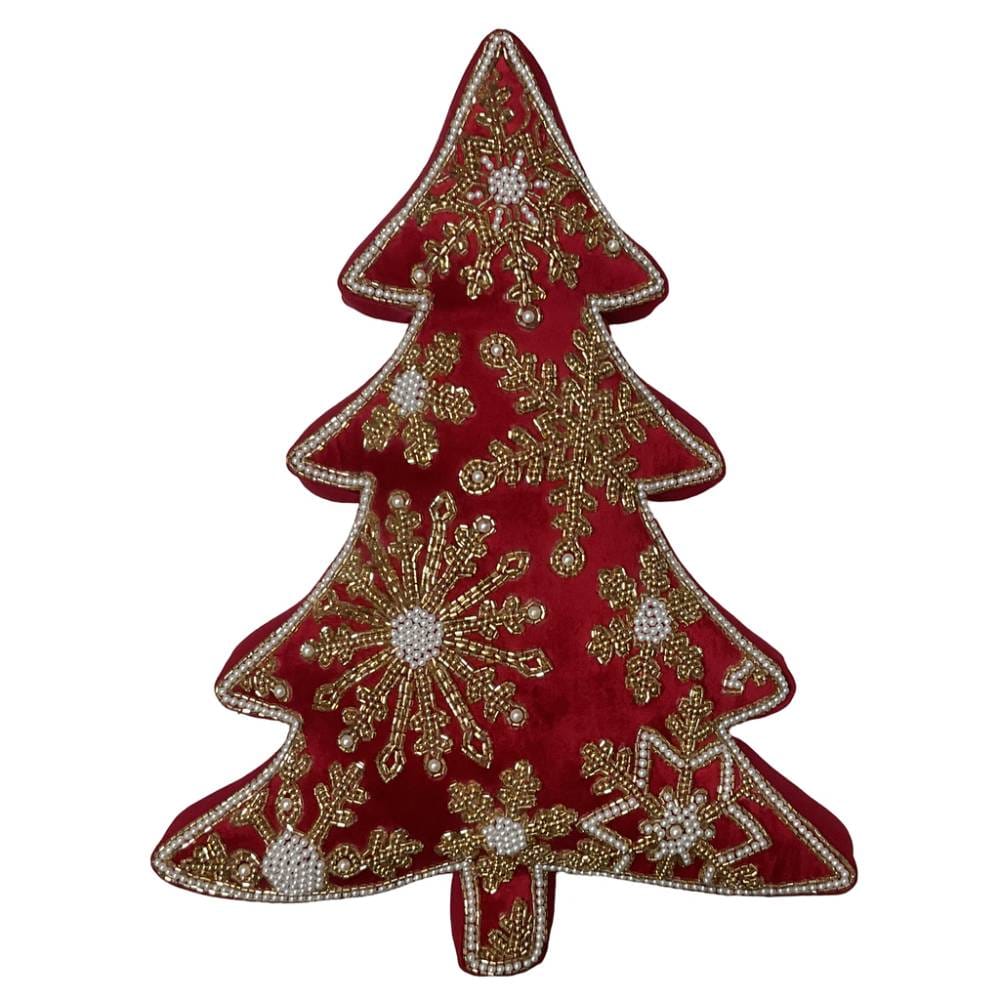 Cuscino natalizio rosso a forma di albero decorato con ricami dorati e perline bianche in rilievo.