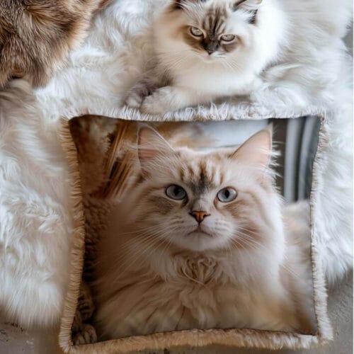Cuscino quadrato con stampa realistica di un gatto a pelo lungo, rifinito con bordo in ecopelliccia beige.