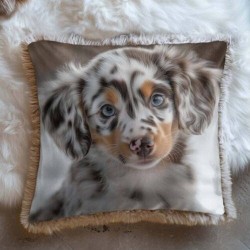 Cuscino quadrato con immagine realistica di un cucciolo a pelo lungo, bordato da morbida eco pelliccia beige.