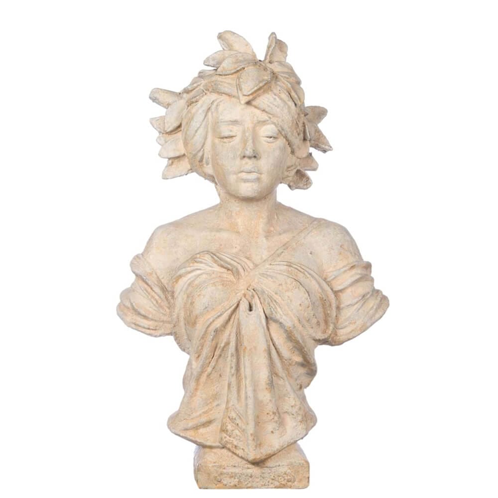 Blanc MariClo’ Busto Donna in Resina h 61 cm 1 Busto decorativo di donna in resina effetto pietra con drappeggio e corona di foglie, stile classico.