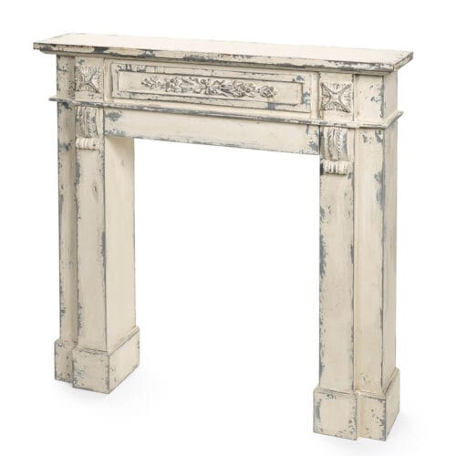 Caminetto decorativo in legno panna effetto invecchiato con intagli ornamentali, stile shabby chic, 97x100 cm.