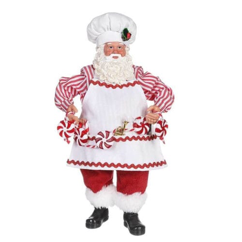 Babbo Natale decorativo in tessuto con grembiule e caramelle rosse e bianche, altezza 28 cm