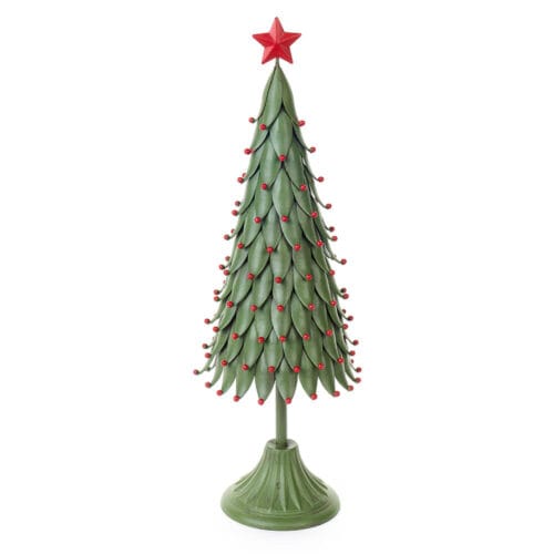 Albero di Natale decorativo in metallo verde con sfere rosse e stella rossa sulla cima, su base scanalata.