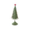 Albero decorativo in metallo verde con sfere rosse e stella in cima, su base sagomata.