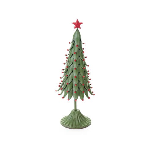 Albero decorativo in metallo verde con sfere rosse e stella in cima, su base sagomata.