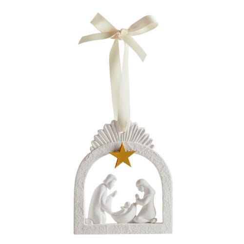 Decorazione natalizia profumata Mathilde M in gesso bianco con scena della Natività e stella dorata, confezionata in elegante scatola rosa con fiocco.