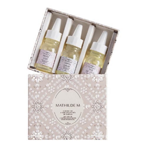 Cofanetto regalo Mathilde M con 3 flaconcini di essenza profumata superconcentrata: Sapin Givré, Musc Irisé e Thé de Fête.