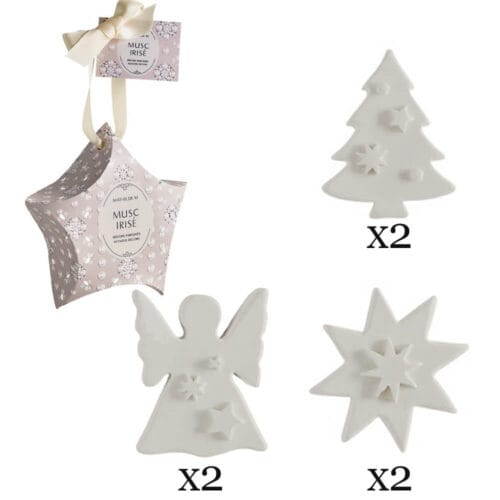 Confezione a stella Mathilde M rosa cipria con nastro e 6 gessi profumati natalizi: 2 alberi, 2 angeli, 2 stelle.