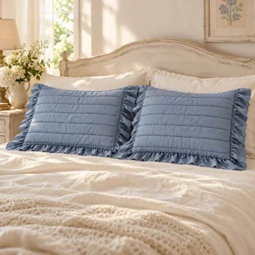 Blanc Mariclò Coppia Copriguanciali Sangallo Azzurri 50x80
