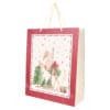 Borsa in carta spessa decorata con cavallo giostra natalizio, alberi e stelle colorate, con manici in raso chiaro.