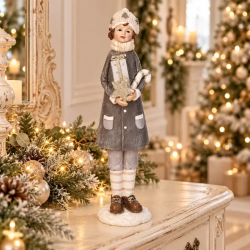 Statua bambina con stelle in resina grigio-bianco H 31,5 cm