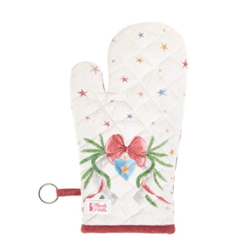 Guantone da cucina double face in cotone, decorato con fiocco rosso, cuore azzurro e stelle su fondo panna, retro in tessuto rosso tinta unita.