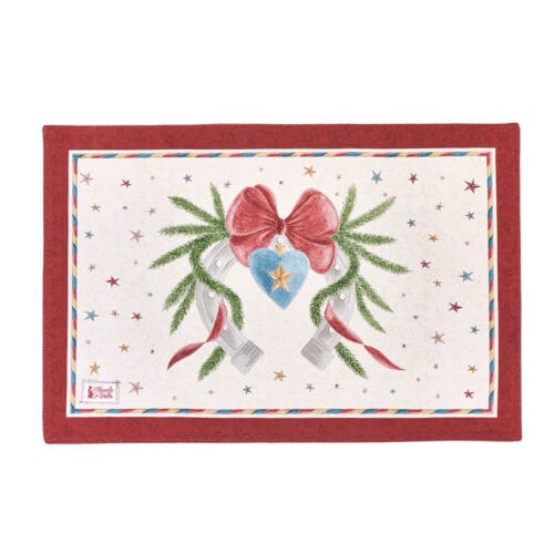 Tovaglietta americana double face in cotone 33x50 cm della collezione La Giostra di Amelie, con lato decorato e retro rosso tinta unita.