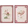 Set 2 strofinacci in cotone con cavalli giostra decorati in stile natalizio, bordi rossi e stelle colorate.