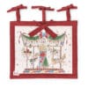 Copriforno in tessuto rosso con stampa natalizia di giostra e cavalli, con fiocchi per l’allaccio, collezione La Giostra di Amelie.