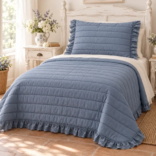 Trapunta azzurra con cuciture orizzontali e bordo decorato con gala Sangallo, su letto singolo in stile romantico.