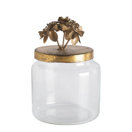 Porta bonbon in vetro con coperchio decorato da fiori dorati in metallo, modello piccolo da 9,5 cm di diametro e 16 cm di altezza.