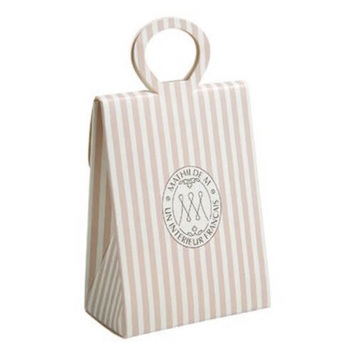 Sacchetto in carta rigata beige e bianca con manico rotondo, perfetto per gessetti profumati o bomboniere Mathilde M.
