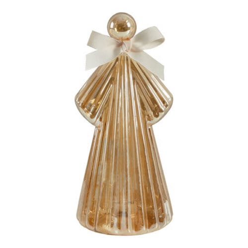 Angelo decorativo in vetro dorato con luce interna LED e fiocco crema, firmato Mathilde M, modello alto 25 cm.
