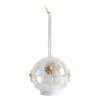 Sfera decorativa in vetro trasparente con effetto iridescente, fiocchi di neve dorati e luce interna.