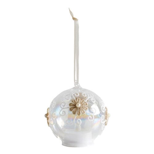 Sfera decorativa in vetro trasparente con effetto iridescente, fiocchi di neve dorati e luce interna.