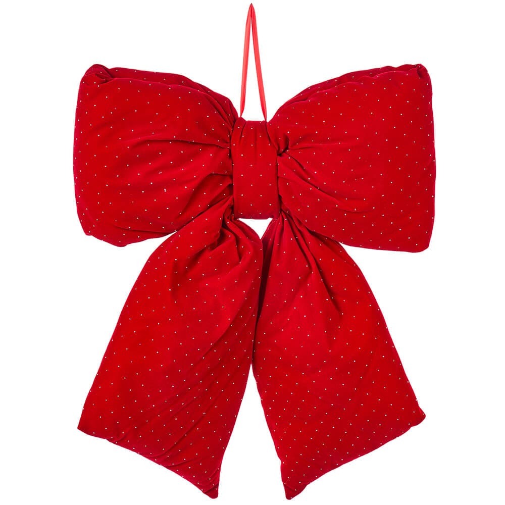 Fiocco decorativo in velluto rosso con glitter dorati, grande e voluminoso, ideale per albero di Natale o decorazioni festive.
