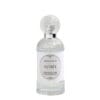 Flacone di profumo per tessuti Mathilde M "Astrée" da 75 ml in vetro trasparente decorato con tappo zigrinato e etichetta bianca elegante.