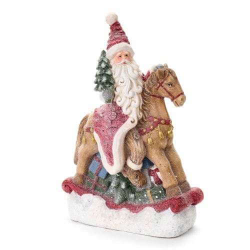 Decorazione natalizia in resina con Babbo Natale a cavallo, su base innevata con pacchi e albero, collezione La Giostra di Amelie, 50 cm.