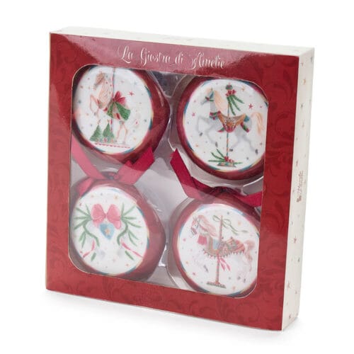 Set 4 medaglioni natalizi decorati con cavallini, fiocco e cuore azzurro. Con nastrino rosso e scatola regalo La Giostra di Amelie.